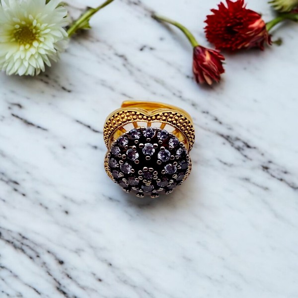 Golden Ring with Black & White Zircon Stones